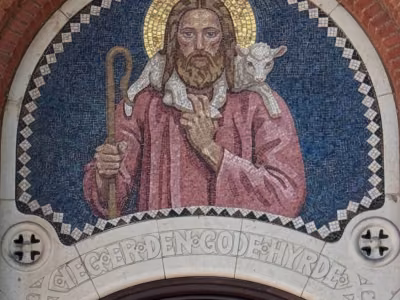 Mosaik af Jesus med teksten “Jeg er den gode hyrde”